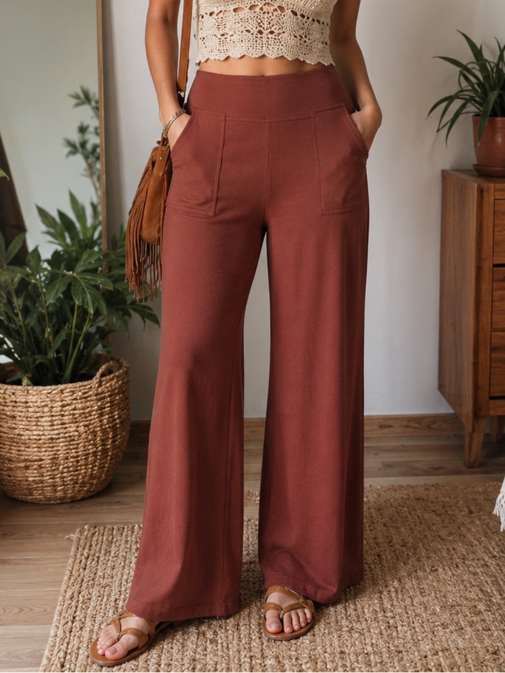 Max Studio London Rust Mauve Wide Leg Pants Petite M Soft Stretch PullOn Pockets